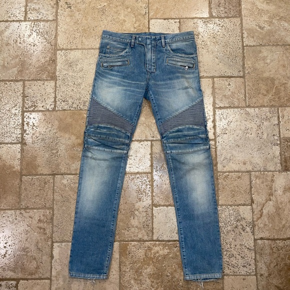 Balmain OG Distressed Moto Light Wash Blue Denim Jeans - Picture 9 of 14
